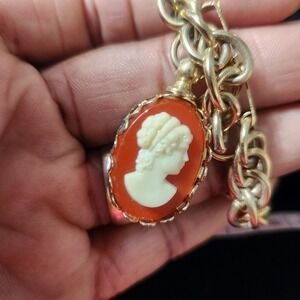 Vintage Gold Tone Cameo Charm Bracelet Double Link Chain 7.5 Inch